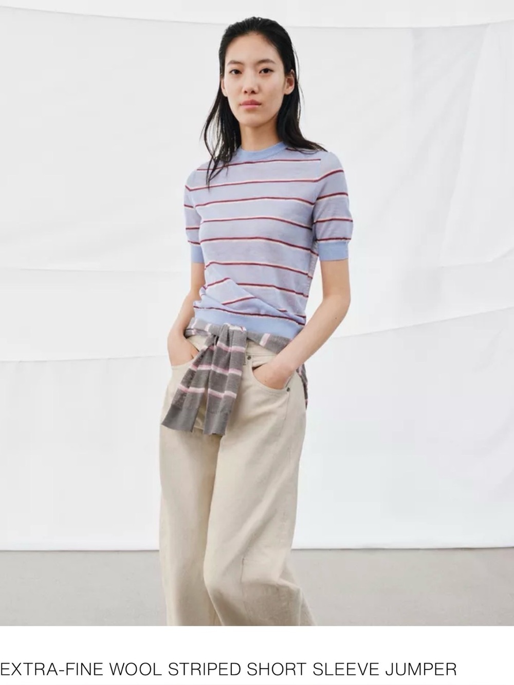 Zara fine wool short-Sleeve Knit Sweater with Red Stripes